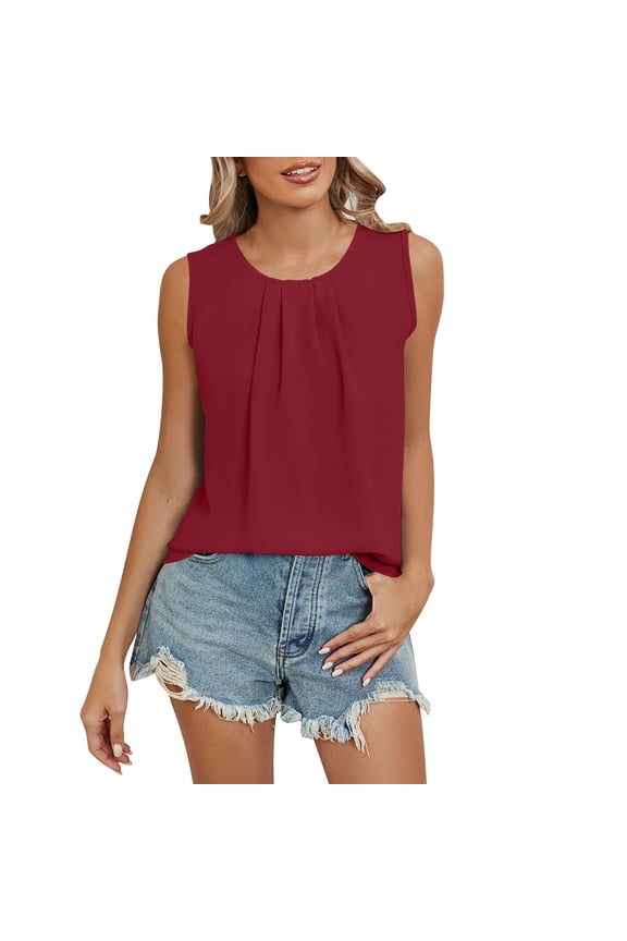 Shirts for Women Women's Solid Color Chiffon Blend Blouse - Loose Fit Sleeveless Crew Neck Drapey Casual Top for Gallery Openings & Romantic Date Nights S-2XL