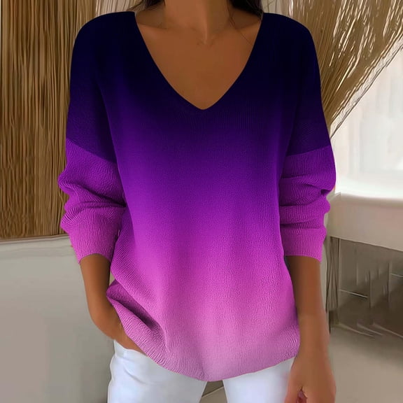 Dgankt Shirts for Women Casual Gradient Floral V-Neck Shirt Long-Sleeved Loose and Versatile Top,Sizes S-5XL