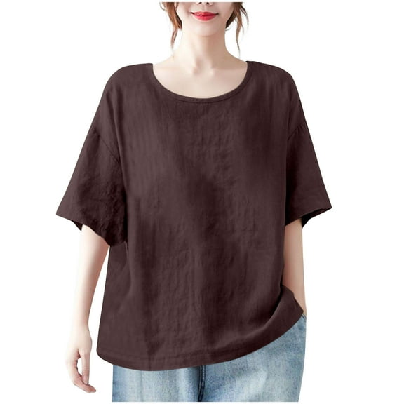 Dgankt Shirts for Women Cotton Linen Loose Solid Crew Neck Half Sleeve Leisure Blouse,Sizes S-3XL