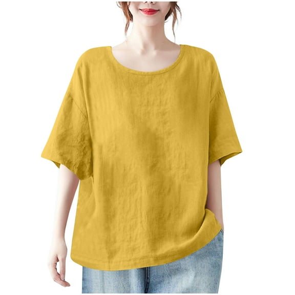 Dgankt Shirts for Women Cotton Linen Loose Solid Crew Neck Half Sleeve Leisure Blouse,Sizes S-3XL