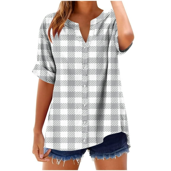 Dgankt Shirts for Women Striped Checkered V Neck Button Short Sleeve Summer Relaxed T-shirt,Sizes S-2XL