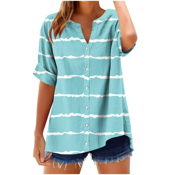 Dgankt Shirts for Women Striped Checkered V Neck Button Short Sleeve Summer Relaxed T-shirt,Sizes S-2XL