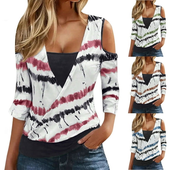 Dgankt Shirts for Women Striped Printed off Shoulder Casual-Neck Fake Two-Piece Long Sleeved T-Shirt Top,Size S-2XL