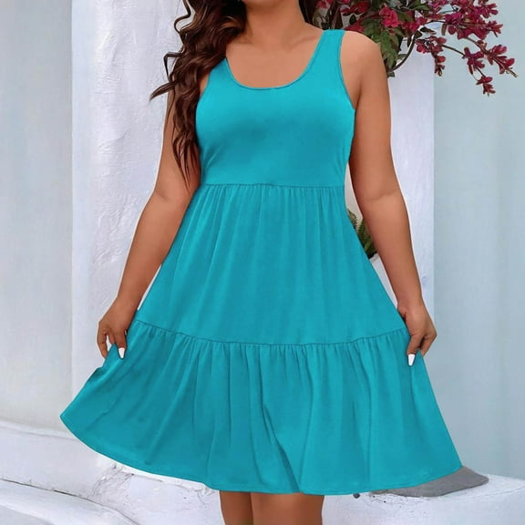 Dgankt Summer Dress Fashion Women Plus Size Summer Casual Round-Neck Sleeveless Solid Dress