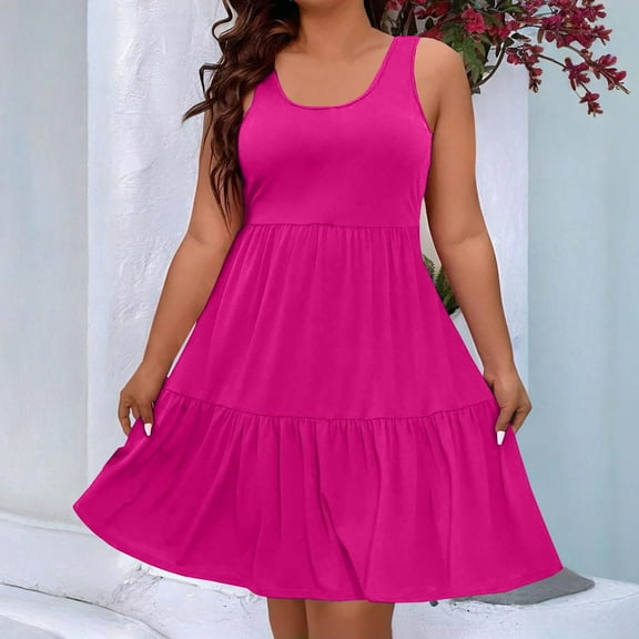 Dgankt Summer Dresses Fashion Women Plus Size Summer Casual Round-Neck Sleeveless Solid Dress