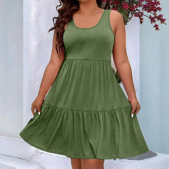 Dgankt Summer Dresses for Women Fashion Women Plus Size Summer Casual Round-Neck Sleeveless Solid Dress