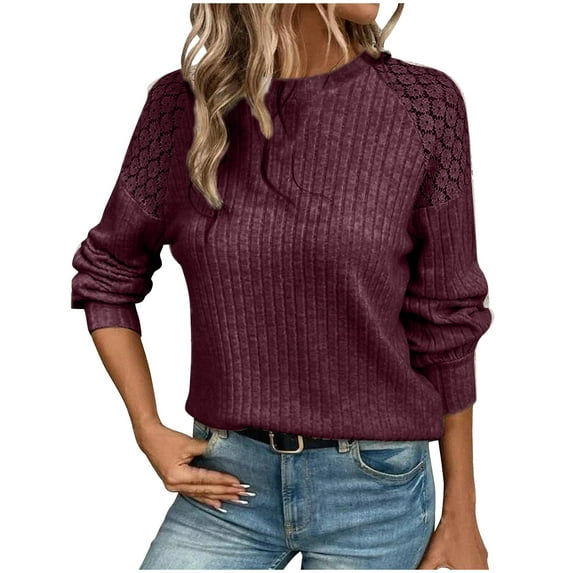 Dgankt Sweaters for Women Casual Crew-Neck Lace Splicing Solid Color Pullover Long Sleeve,Size S-2XL