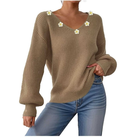 Dgankt Sweaters for Women Casual Flower Ribbon Embroidery Irregular Embroidered V-Neck Sweater Tops,Sizes S-XL