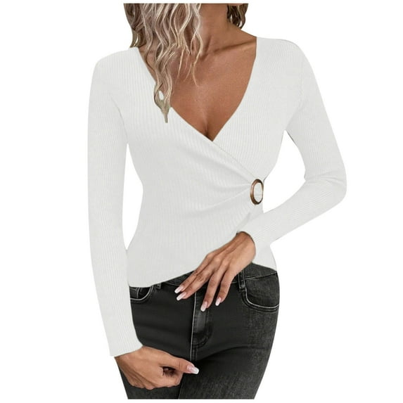 Dgankt Sweaters for Women Fashionable V-Neck Solid-Color Long-Sleeved Irregular Knitted Sweater Top,Sizes S-XL