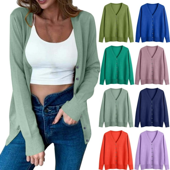 Dgankt Sweaters for Women Women's Long Sleeve V-Neck Button Down Stretch Knit Cardigan Sweater (S-3XL)