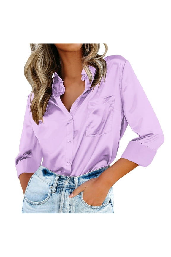 T Shirts for Women Blouse Satin Silk Shirts Shirts Casual Loose Long Sleeve Office Work Tunic Tops,Size S-5XL