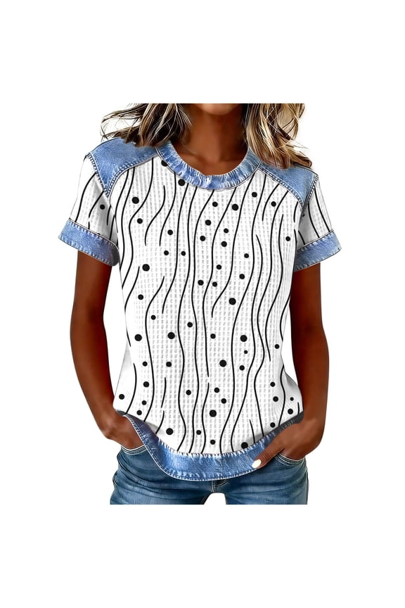 Tops for Women Women's Denim Trim Abstract Wave Dot Waffle Shirt – Short Sleeve Crew Neck Top with Modern Print for All-Day Casual & Summer Comfort S-3XL