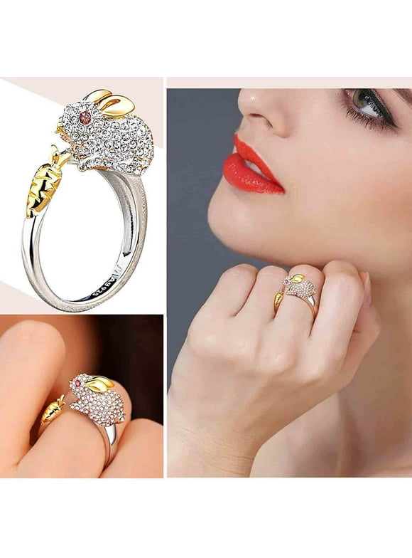 Dgankt Valentine's Day Gifts Easter Cute Bunny Ring Open Adjust Delicate Rabbit Carrot Ring Cubics Zirconia Diamond Animal Ring Jewelry Gift for Women Girls (Adjust Size 6-11)