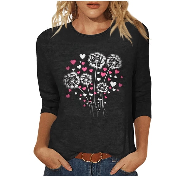 Dgankt Valentine's Day Shirts for Women Print Loose-Fit Crew Neck 3/4 Sleeve T-Shirt Pullover Womens Tops,Sizes S-3XL