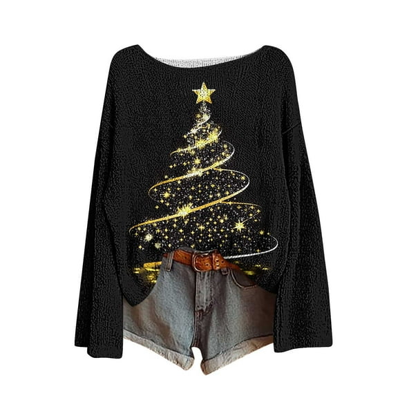 Dgankt Winter Clothing for Women Christmas Printed Crewneck Long-sleeved Shirts Fashion Pullover Knitted Sweaters Tops,Sizes S-2XL