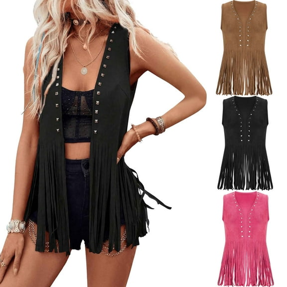 Dgankt Women Clothing Women's Plus Size Western Wear Cowgirl Outfits Fringe Trim Open Front Sleeveless Faux Suede Vest Jacket