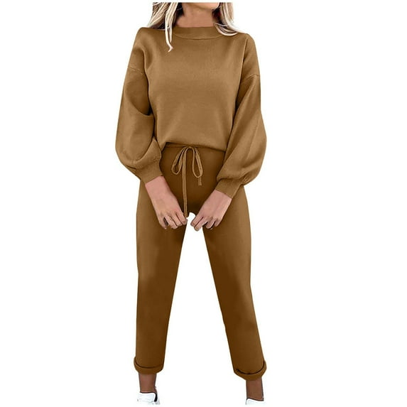 Dgankt Women Sets 2 Piece Outfits Solid Color Round-Neck Long Sleeve Elastic Waist Pockets Long Pants Sets,Size XS-2XL