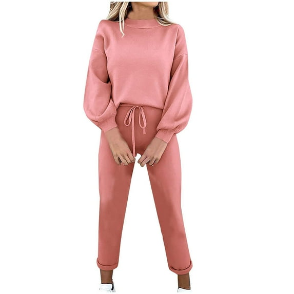 Dgankt Women Sets 2 Piece Outfits Solid Color Round-Neck Long Sleeve Elastic Waist Pockets Long Pants Sets,Size XS-2XL
