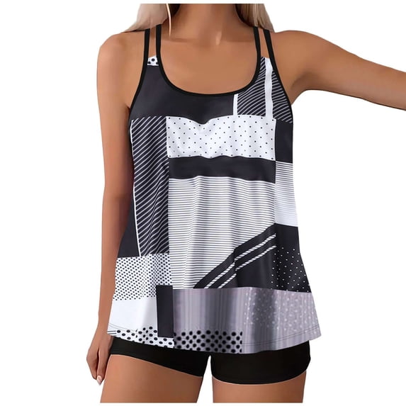 Dgankt Women Swimsuits Women's Monochrome Patchwork Tankini Set - Double Strap Flowy Swim Top & Black Bottoms for Beach Photoshoots, Coastal Instagram Content & Vacation Photography S-5XL