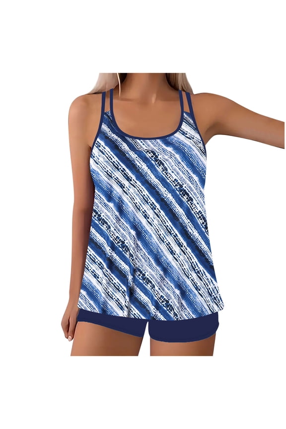 Women Two Piece Tankini Swimsuit Women's Blue Tie-Dye Stripe Tankini Set - Double Strap Flowy Swim Top & Bottoms for Beach Vacations, Pool Parties, Water Aerobics, Family Trips S-5XL