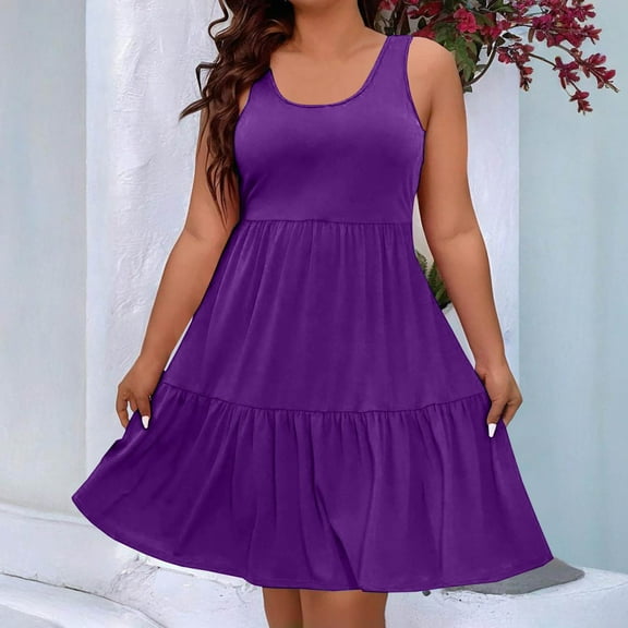 Dgankt Women's Clothing Fashion Women Plus Size Summer Casual Round-Neck Sleeveless Solid Dress