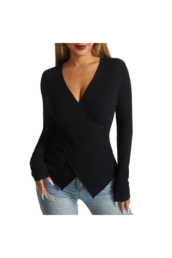 Dgankt Women's Clothing Women Fall Winter Tops Sexy V-Neck Sweater Knit Wrap Tops for Women Slim Fit Pullover
