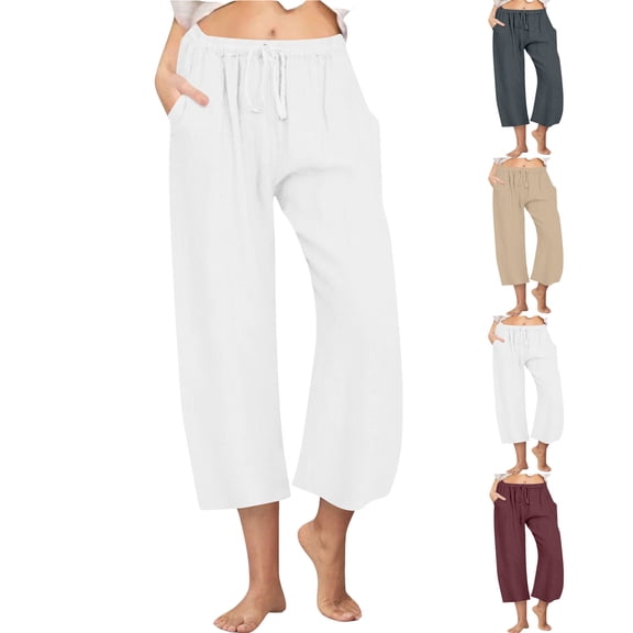 Dgankt Women's Clothing Women's Drawstring Waist Pocketed Cotton Linen Blend Wide Leg Capri Pants - Lightweight Breathable Multi-Color Bottoms Yoga Pants for Beach Days, Casual Outings S-3XL