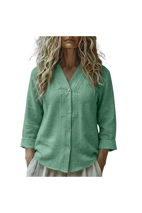 Women's Clothing Women's Sage Green Cotton Linen Blouse - Loose Fit 3/4 Sleeve V-Neck Button Front Embroidery Trim Breathable Casual Top for Dairy Weekend & Vacation S-2XL