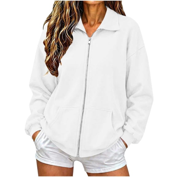 Dgankt Women's Collared Full Zip Sweatshirt Jacket Long Sleeve Drop Shoulder with Pocket