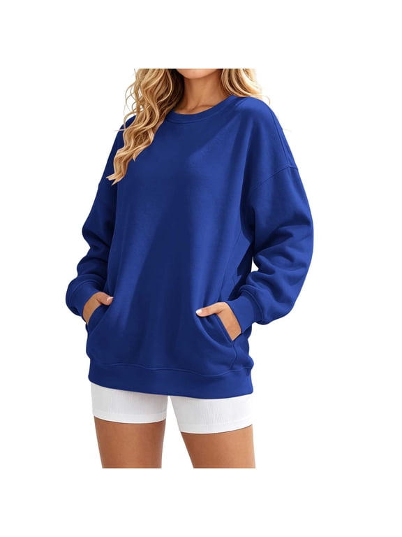 Women's Crew Neck Oversized Pullover Sweatshirt Long Sleeve with Side Pockets Casual Tops