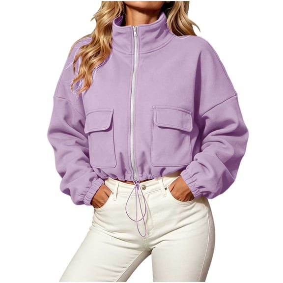 Dgankt Women's Cropped Full Zip Sweatshirt Jacket Stand Collar Long Sleeve Cargo Pocket Casual Fall Winter Tops