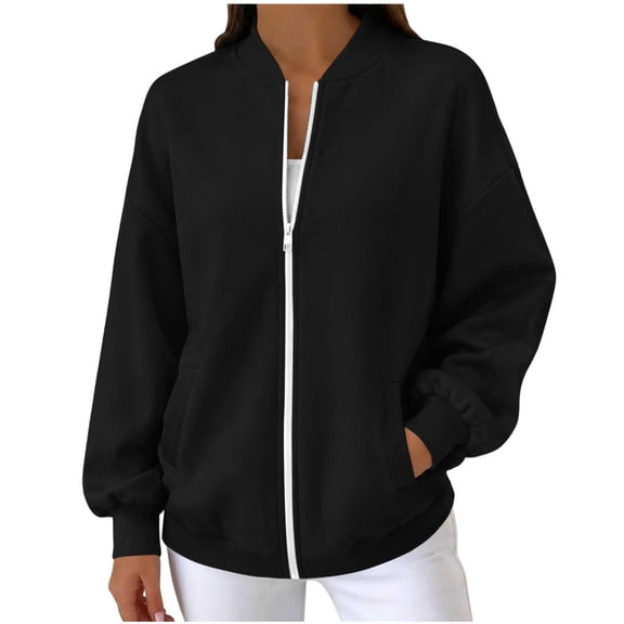 Dgankt Women's Full Zip Bomber Jacket Long Sleeve Drop Shoulder with Pockets