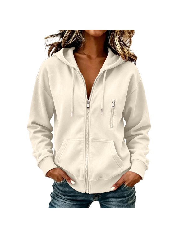 Women's Full Zip Drawstring Hooded Jacket Long Sleeve Drop Shoulder with Multi Pockets