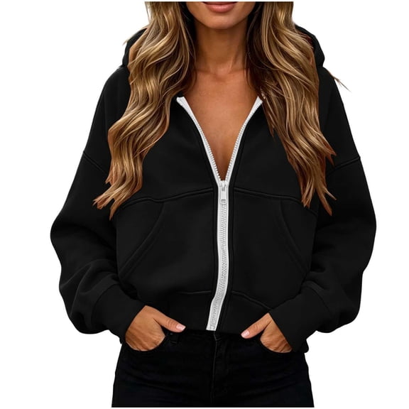 Dgankt Women's Full Zip Hooded Jacket Long Sleeve Drop Shoulder with Pockets