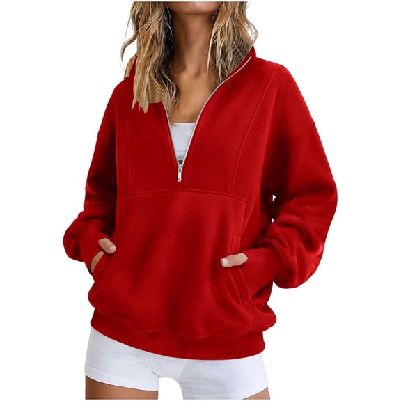 Dgankt Women's Half Zip Hooded Pullover Sweatshirt Long Sleeve Drop Shoulder with Side Pockets