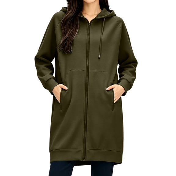 Dgankt Women's Long Full Zip Drawstring Hooded Jacket Raglan Sleeve with Front Patch Pockets