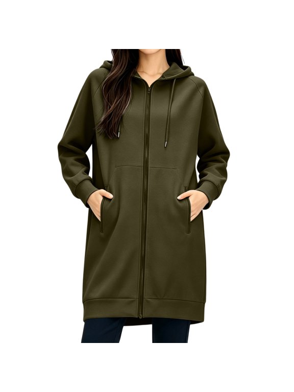 Women's Long Full Zip Drawstring Hooded Jacket Raglan Sleeve with Front Patch Pockets