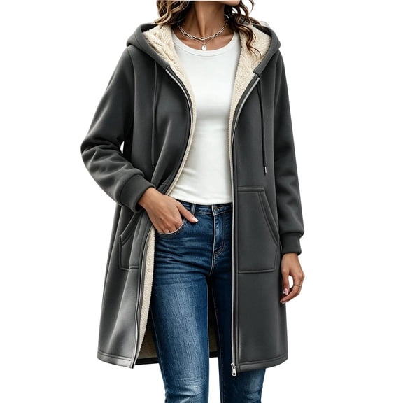 Dgankt Women's Mid Length Sherpa Lined Full Zip Hooded Coat Long Sleeve Drop Shoulder with Pockets