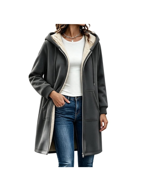 Women's Mid Length Sherpa Lined Full Zip Hooded Coat Long Sleeve Drop Shoulder with Pockets