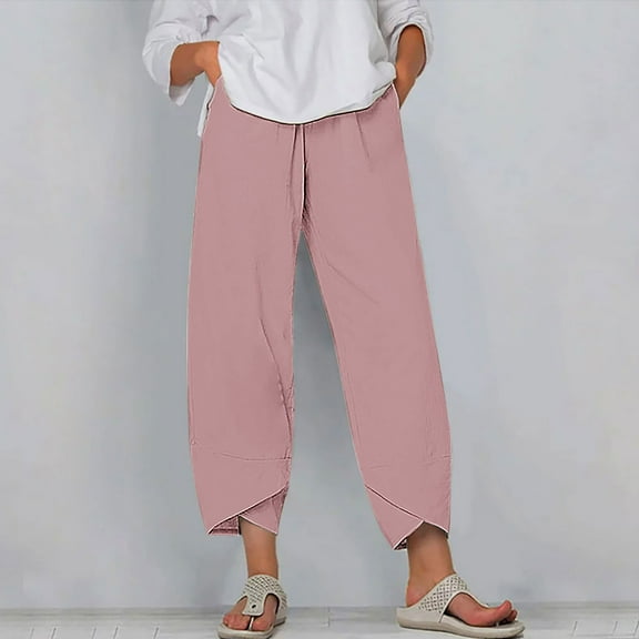 Dgankt Women's Shorts Womens Summer Barrel Linen Pants Wide Leg Pants Baggy Sweatpants Drawstring Elastic Waist with Pockets Beach Women's Clothing