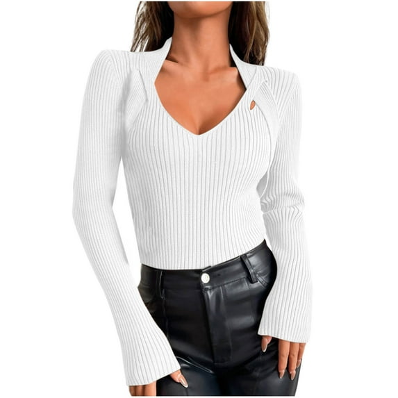 Dgankt Women's Sweaters Casual Long Sleeve Shirts Solid Color V - Neck Ribbed Knit Sweater with Cutout Detail,Sizes S-XL