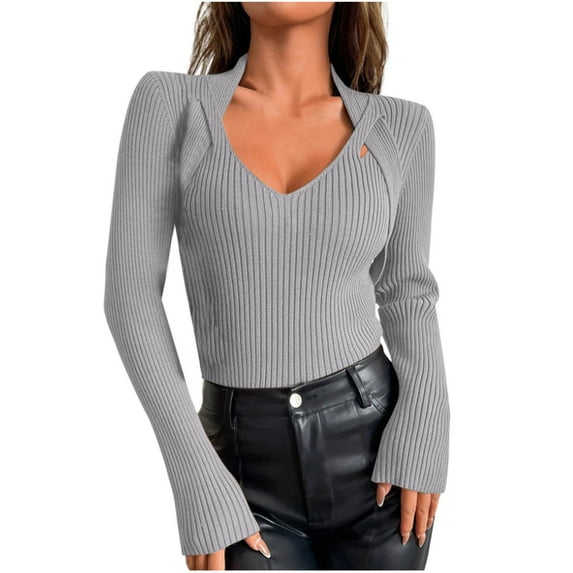 Dgankt Women's Sweaters Casual Long Sleeve Shirts Solid Color V - Neck Ribbed Knit Sweater with Cutout Detail,Sizes S-XL