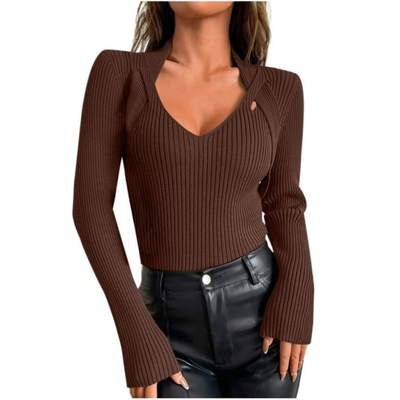 Dgankt Women's Sweaters Casual Long Sleeve Shirts Solid Color V - Neck Ribbed Knit Sweater with Cutout Detail,Sizes S-XL