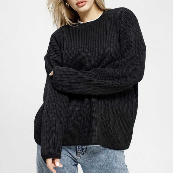 Dgankt Women's Sweaters Long Sleeved Loose Solid Color Round Neck Pullover Knitted Sweater,Size S-XL