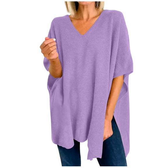 Dgankt Women's Sweaters Sleeve Knitted Coat Solid-Neck Pullover Loose Sweater Cloak Sweater,Sizes S-XL