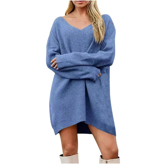 Dgankt Women's Sweaters Solid Color V - Neck Oversized Sweater Dress Loose Casual Tops,Sizes S-2XL