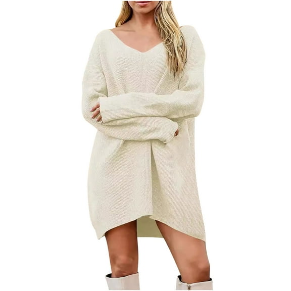 Dgankt Women's Sweaters Solid Color V - Neck Oversized Sweater Dress Loose Casual Tops,Sizes S-2XL