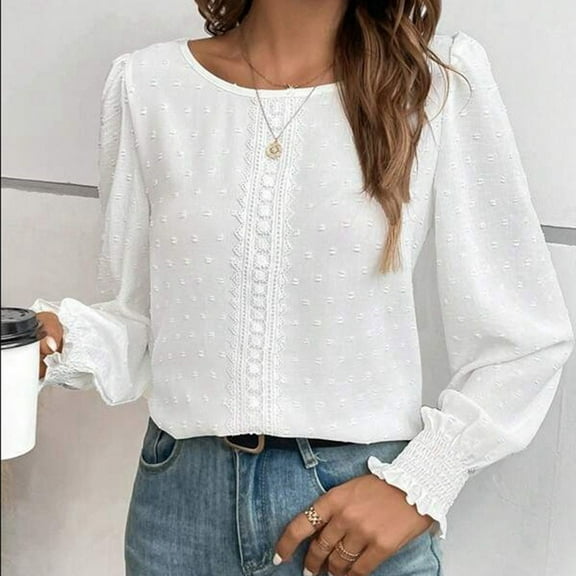 Dgankt Women's Tops Casual Solid Color Lace Patchwork Long Sleeved Round Neck Top/shirt,Size S-2XL