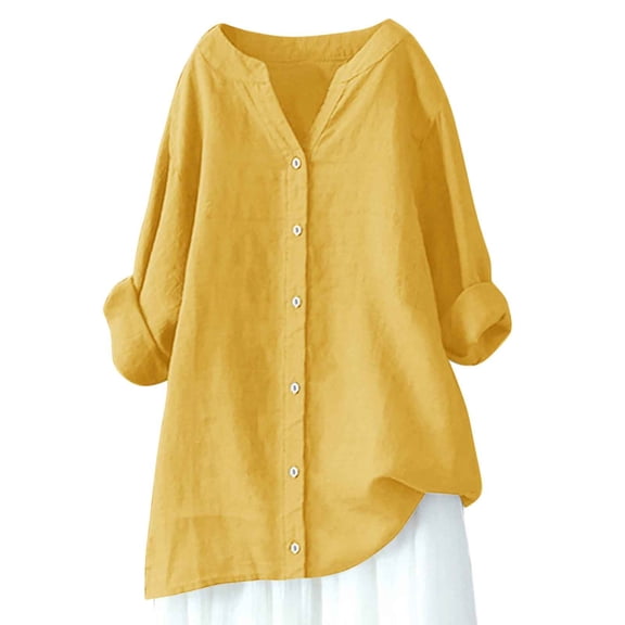 Dgankt Women's Tops, Tees & Blouses Women's V-Neck Long-Sleeve Cotton-Linen Blend Button-Up Shirt Solid Color Long-Sleeve V-Neck Top/Shirt