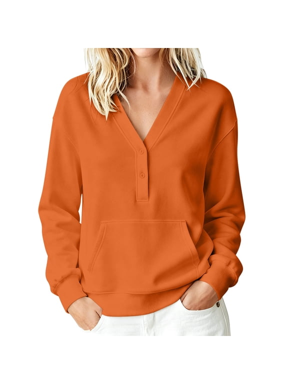 Women's V Neck Henley Pullover Sweatshirt Long Sleeve Drop Shoulder with Pockets